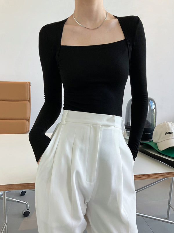 Kare Yaka Düz Uzun Kollu Gömlek 