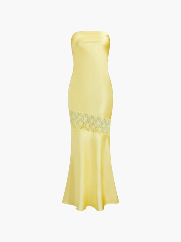 Asimetrik Dantel Straplez Tüp Midi Elbise 