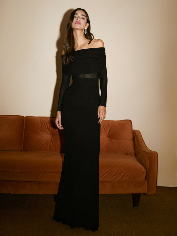 Yarı Şeffaf Omuzdan Bağlamalı Uzun Kollu File Elbise 