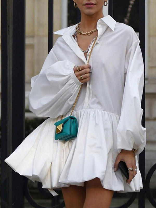 Pileli Uzun Kollu Düğmeli Yaka Mini Elbise 