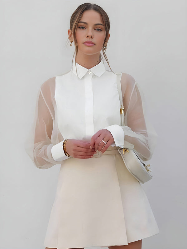 Semi-Sheer Puff Sleeve Organza Shirt