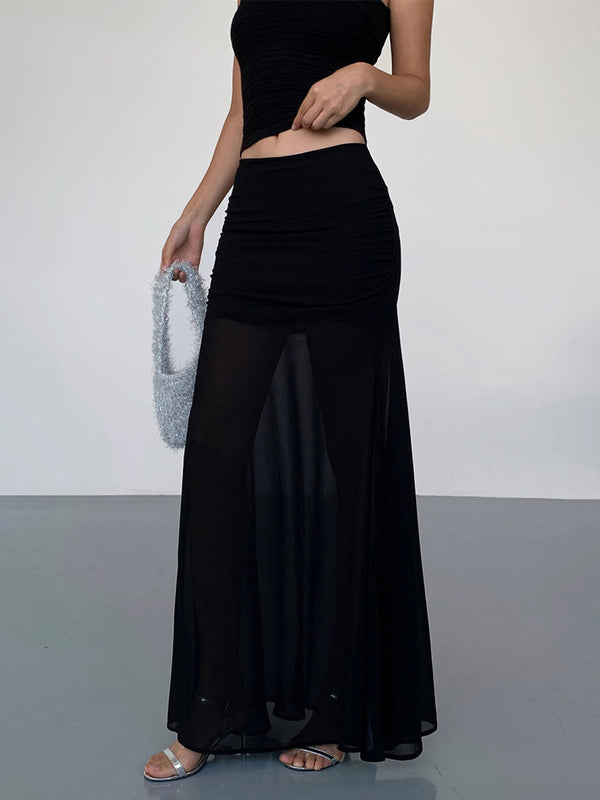 Semi-Sheer Solid Two Layer Maxi Skirt