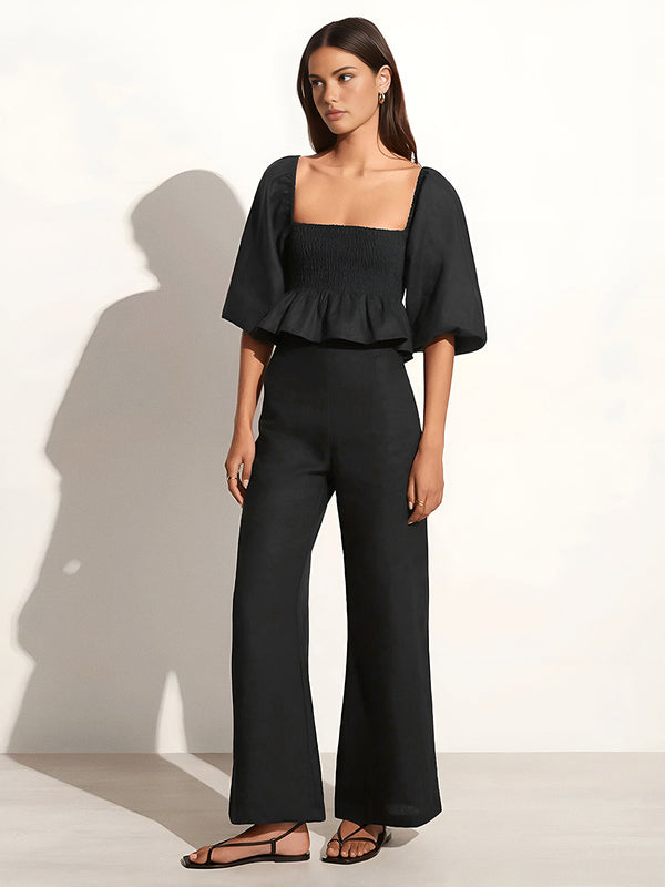 Pamuk ve Keten Kare Yaka Bishop Kollu Pantolon Takımı 