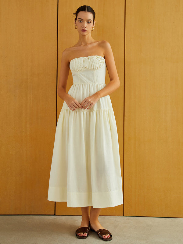 Krem Fermuarlı Pileli Midi Elbise 