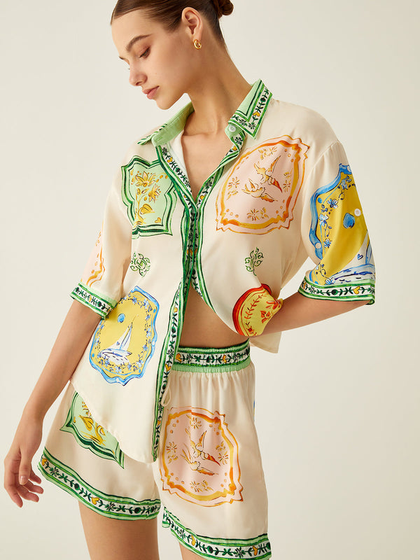 Loosen Baskılı Saten Şort Takımı 