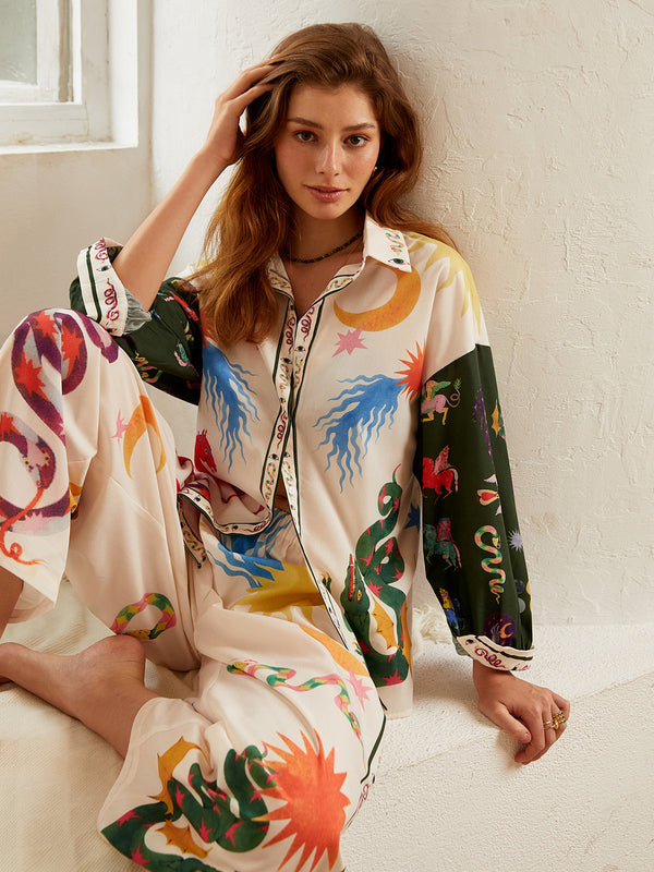 Boho Desenli Bol Gömlek ve Geniş Paça Pantolon Takımı 