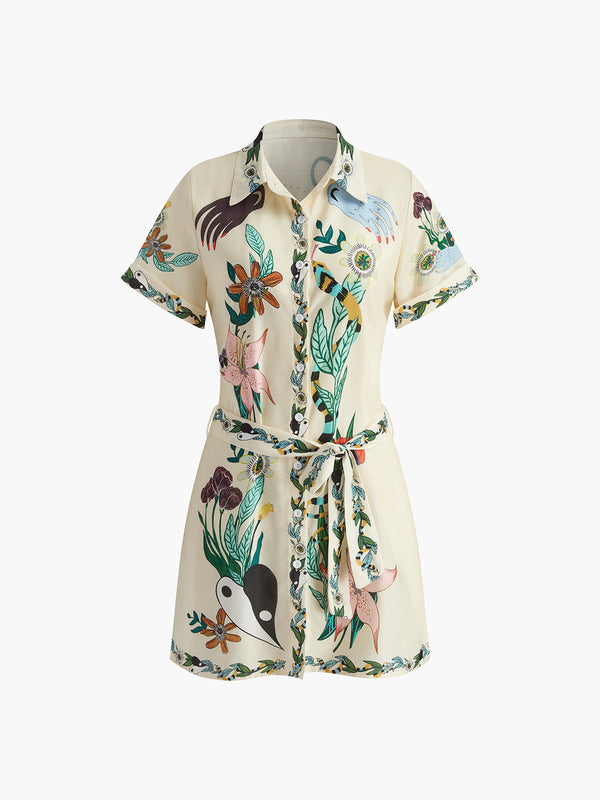 Baskılı Yakalı Kemerli Kısa Elbise 