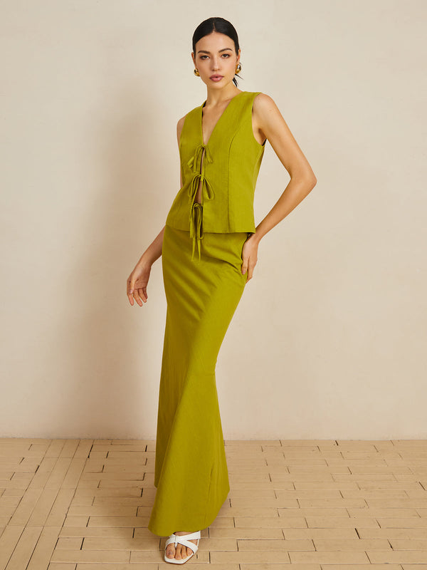 Pamuklu V Yaka Önden Bağlamalı Etek Takımı 