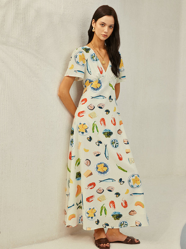 Sırtı Açık Düğümlü Çiçekli V Yaka Elbise 