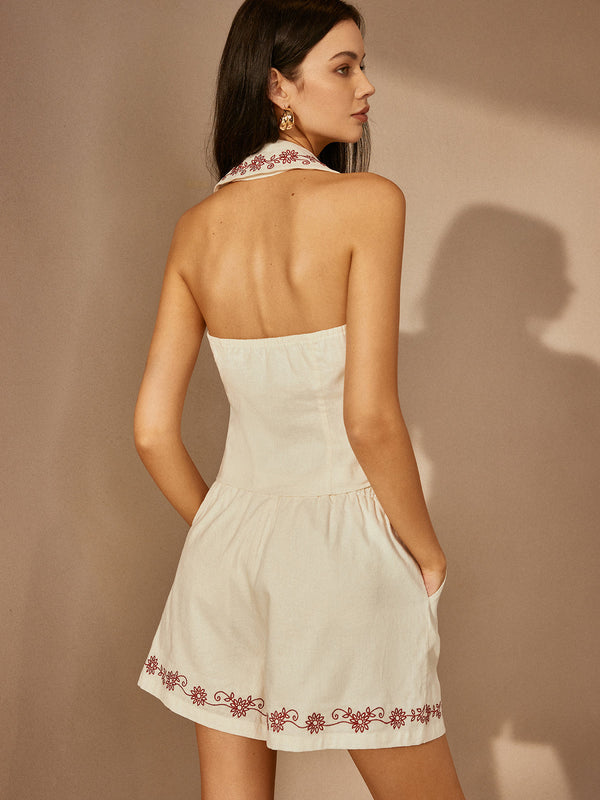 Pamuk ve Keten Nakışlı Şort Takımı 