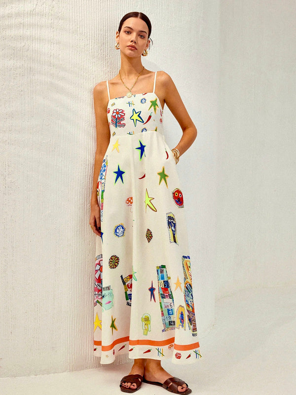 Cepli Ayarlanabilir Askılı Baskılı Elbise 