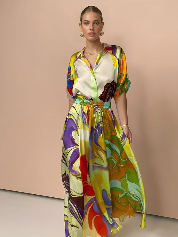 Saten Baskılı Bağcıklı Etek Takımı 