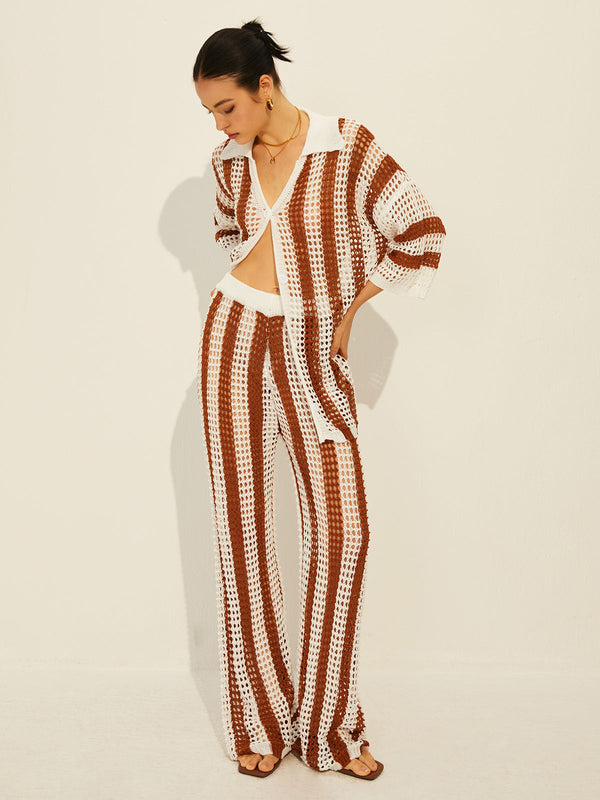 Sheer Stripe Polo Knit Pants Set