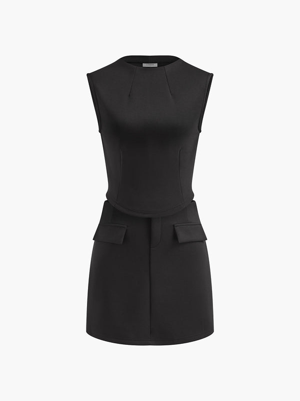 Slim Sleeveless Pockets Skirt Set
