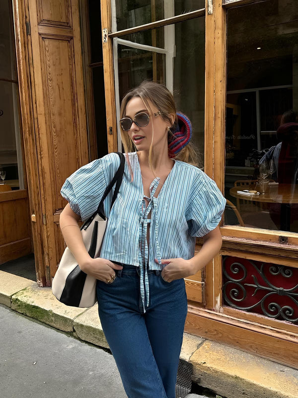 Çizgili Kravat Yaka Bluz 