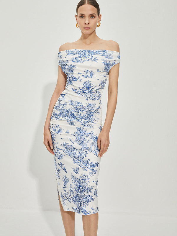 Düz Yakalı Baskılı Elbise 