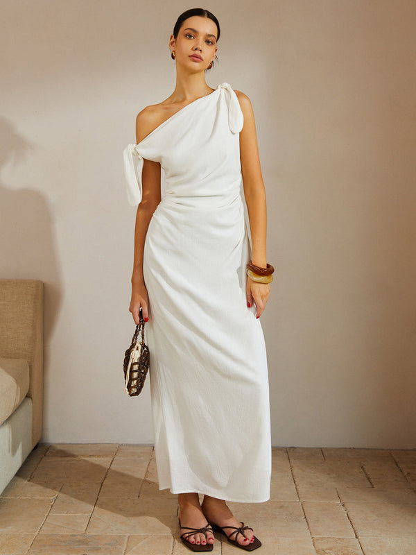 Pamuk ve Keten Düğümlü Askılı Uzun Elbise 