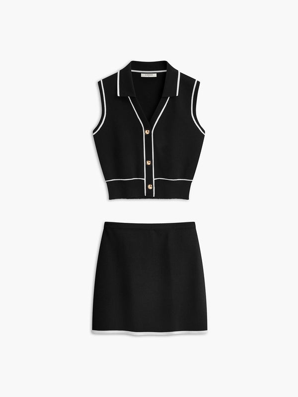 Önü Düğmeli Kontrast Bağlamalı Kolsuz Etek Takımı 