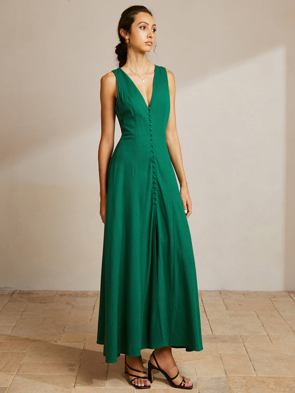 Kolsuz Önü Düğmeli V Yaka Elbise 