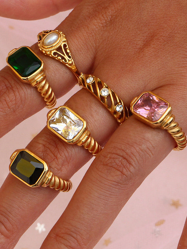 Spiral Paslanmaz Çelik Değerli Taş Yüzük 