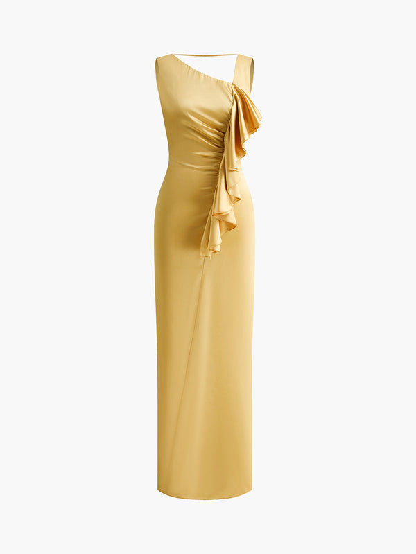 Asimetrik Volanlı Sırtı Açık Uzun Elbise 