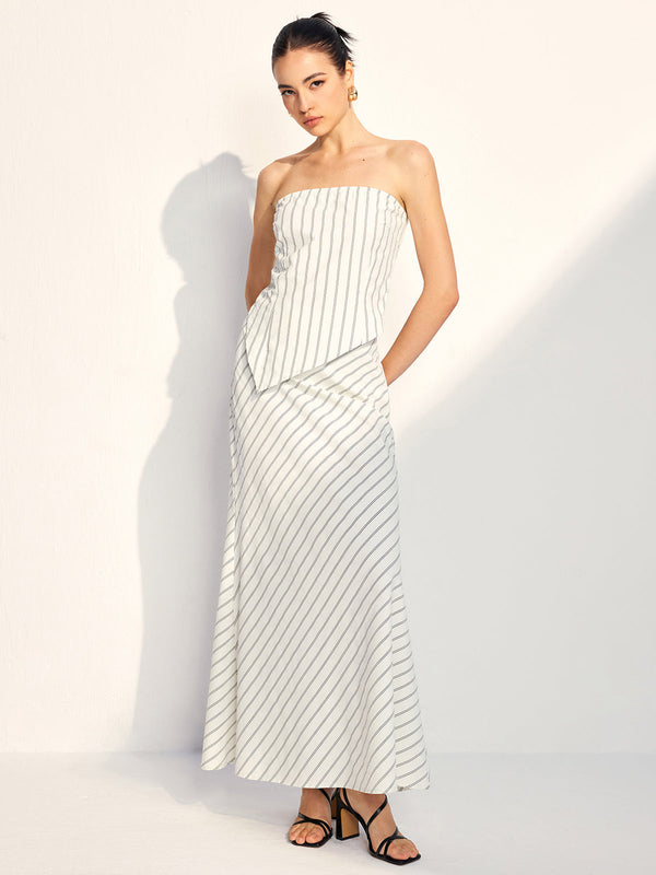 Asimetrik Çizgili Tüp Etek Takımı 