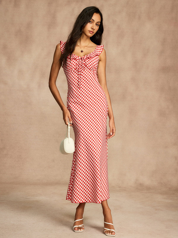 Retro Gingham V-Neck Fishtail Dress