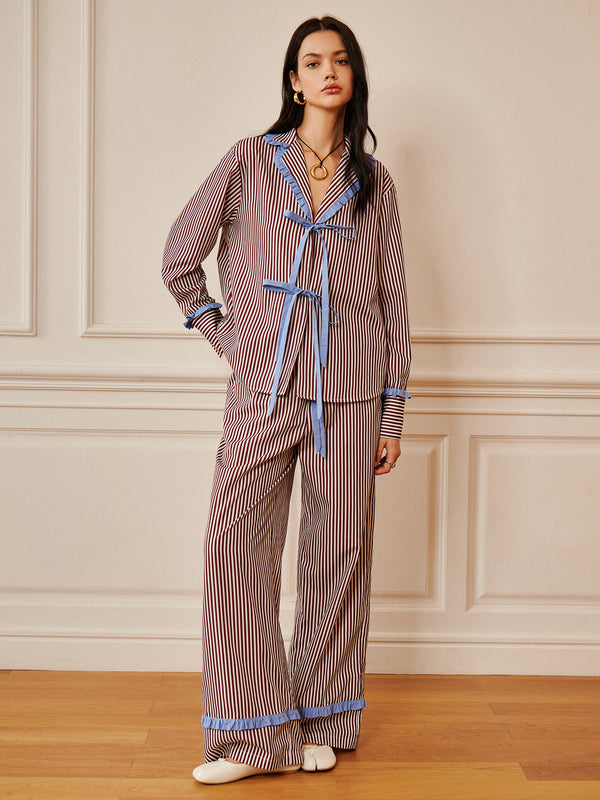 Çizgili Volanlı Önden Bağlamalı Gömlek 