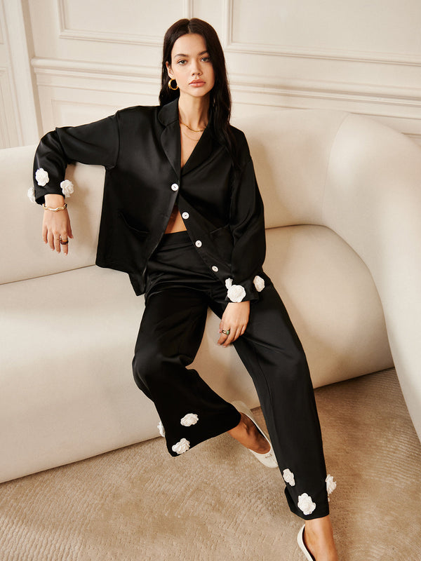 Saten 3D Çiçek Cepli Gömlek 