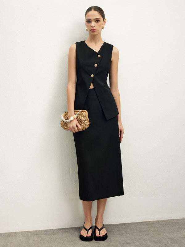 Asimetrik Düğmeli Üst A Kesim Etek Takımı 