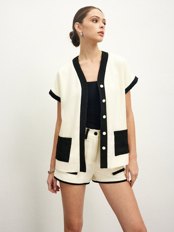 Kontrast Bağlamalı Cepli Bluz 