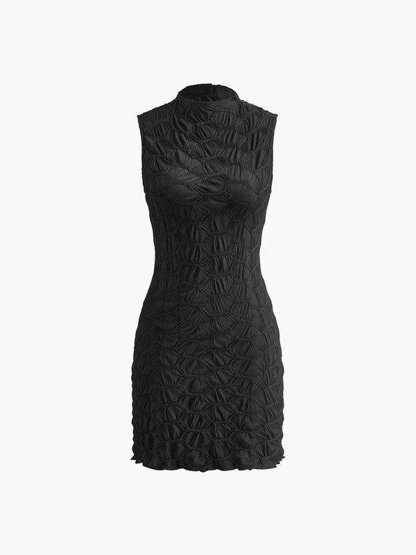 Mock Neck Plisse Detailed Dress