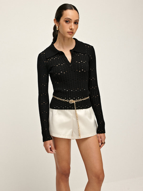 Kemersiz Delikli Düğmeli Polo Kazak 