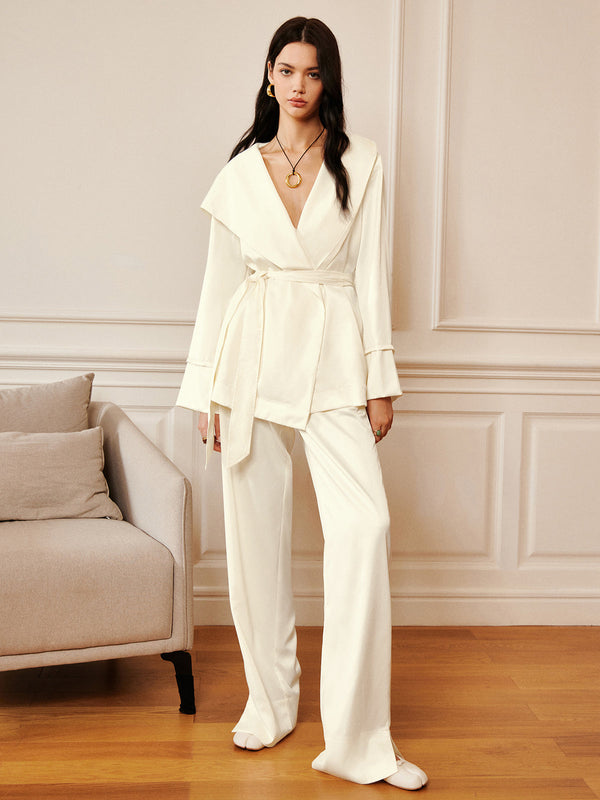 Saten Düz Kapüşonlu Kemerli Gömlek 