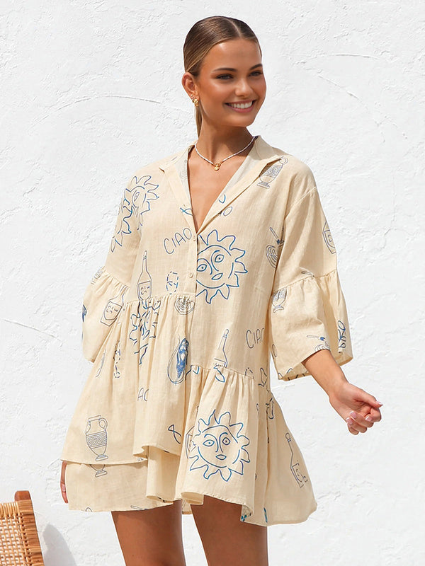 Büyük Boy Güneş Baskılı Kısa Elbise 