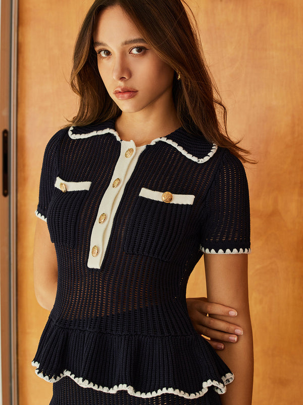 Sim-Sheer Volanlı Yaka Düğmeli Örgü Üst 