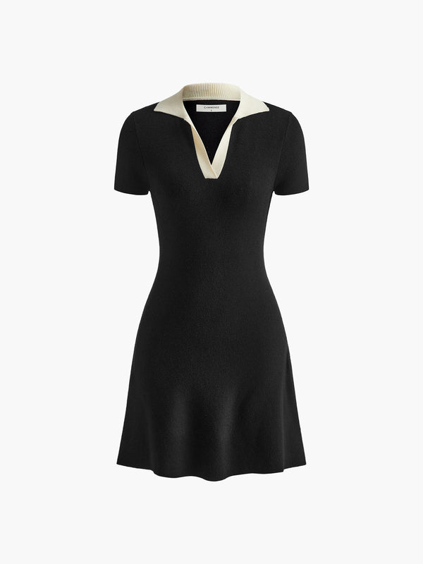 Kontrast Yakalı Dökümlü Kazak Kısa Elbise 