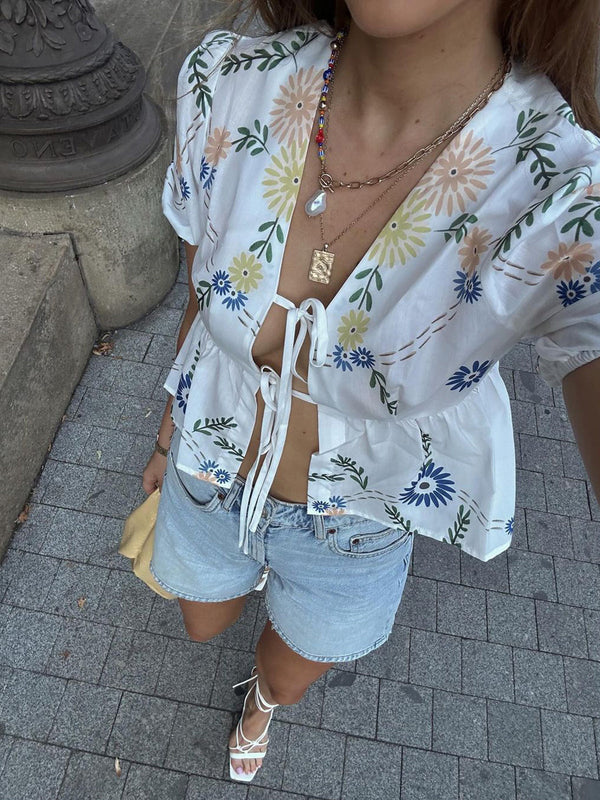Semi-Sheer Tie Front Floral Blouse