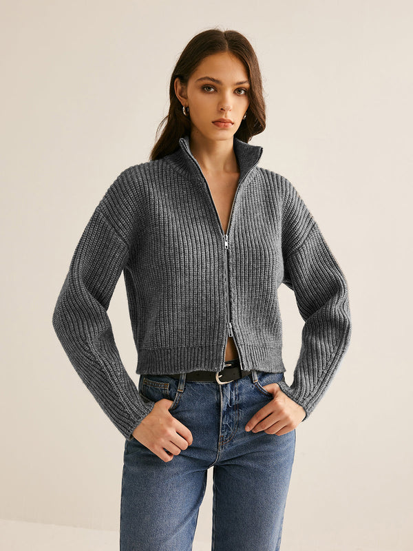 Düz Çift Fermuarlı Hırka 