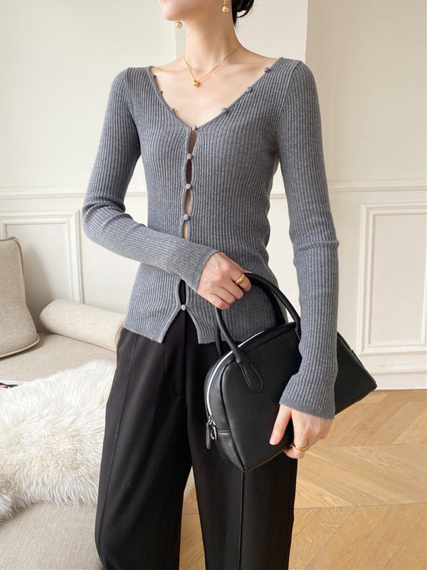 V Yaka Düğmeli İnce Örgü Üst 