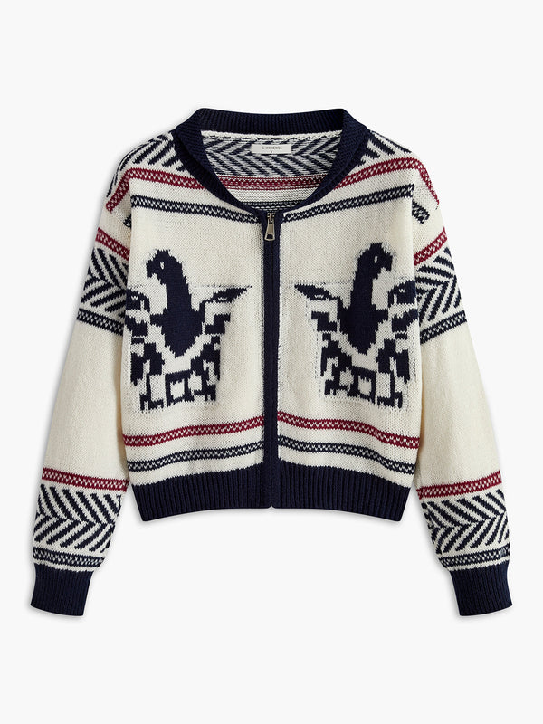 Kontrast Desenli Fermuarlı Kısa Hırka 