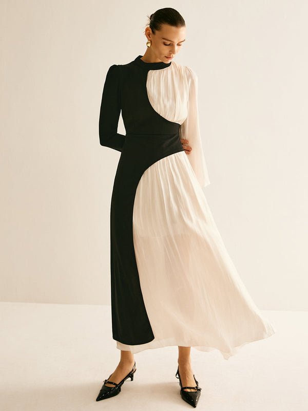 Renk Bloklu Bağcıklı Elbise 