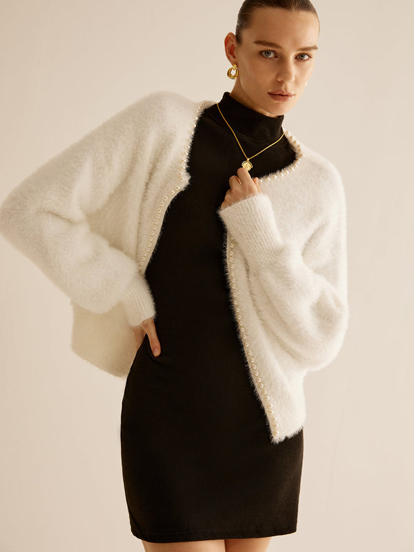 Oversized  Pearl Trim Fuzzy Cardiagn