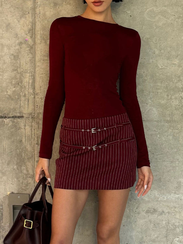 Kemer Dekorlu İnce Çizgili Etek 