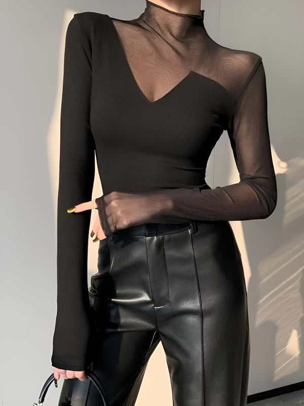 Asimetrik Şeffaf Örgü Panelli Tişört