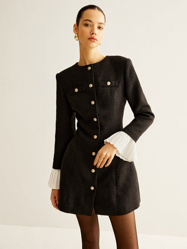 Pileli Manşetli Tweed Göğüslü Elbise 