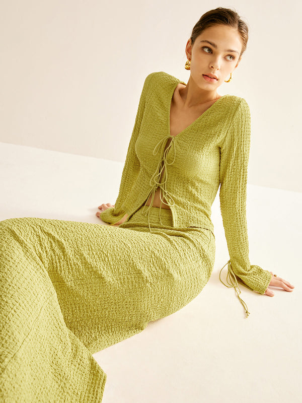 Düz V Yaka Bağcıklı Etek Takımı 