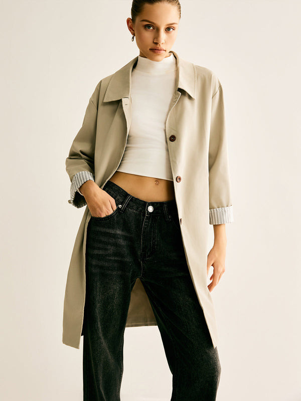 İnce Çizgili Manşet Uzun Trençkot 