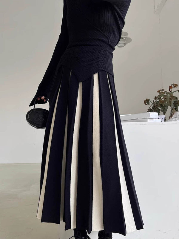 Renk Bloklu Örme Midi Etek 