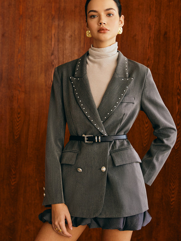 Kemersiz Boncuklu Dekorlu Blazer 